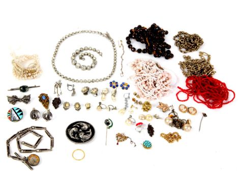 Selection of costume jewellery, together with some silver and gold items, including a 22ct gold band ring, size K, an openwor