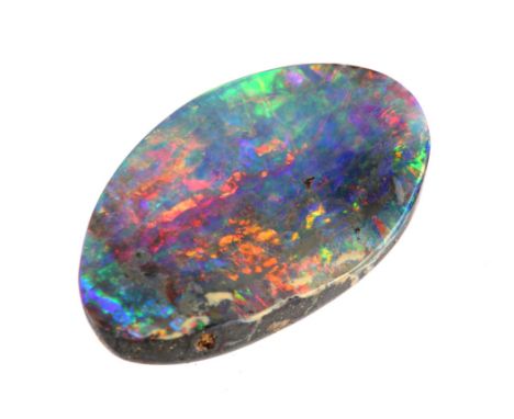 Loose freeform Australian boulder opal, 30 x 19 x 6mm, good fire and colour, displaying blue, green, red, orange and yellow h