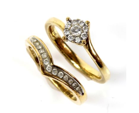 Two diamond set gold rings, one a floral cluster set with nine round brilliant cut diamonds, the other in a wishbone design, 