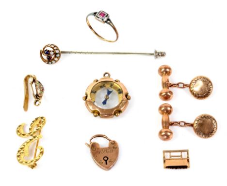 Selection of gold items, including a fancy design 'E' brooch in stamped 18 ct yellow gold, a compass with gold edging, a padl