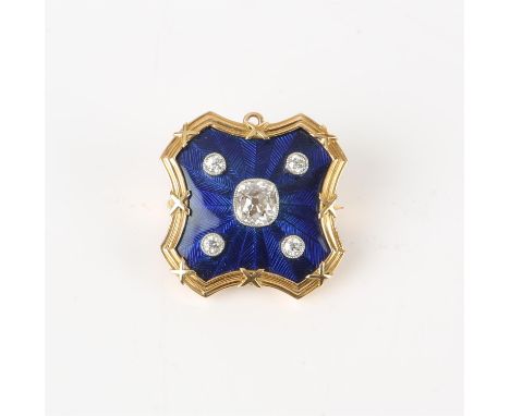 Edwardian enamel and diamond brooch/pendant, an old mine cut diamond millegrain set to the centre, with four old cut diamonds