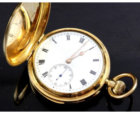 A .J .Benson, a gold minute repeating hunter pocket watch, the unsigned white enamel dial with Roman numeral hour markers wit