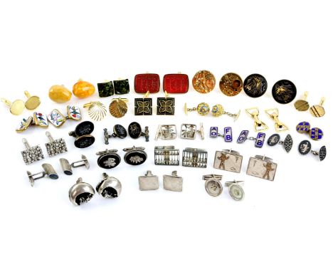 Collection of silver and costume cufflinks, including a Tiffany & Co button design pair, a selection with Chinese script, and