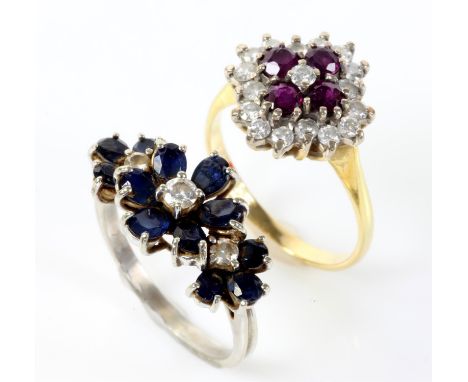 Sapphire and diamond floral cluster ring, set with twelve pair shaped sapphires and three round brilliant cut diamonds, mount