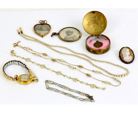 Collection of imitation pearl jewellery, including a necklace with a fine gold chain, length 41cm, a bracelet with floral des