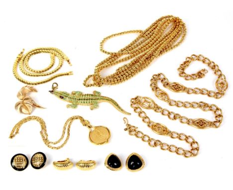 Selection of Monet costume jewellery, including three gold coloured bead necklaces, a chain belt, a flat link necklace and ma