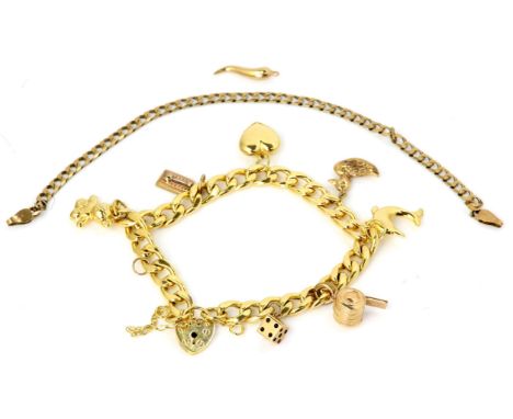 Charm bracelet, a curb link chain with a heart padlock clasp and safety chain, with eight charms attached, together with a fl