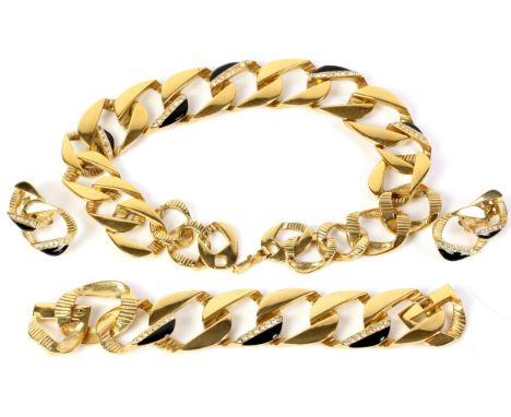 Givenchy matching set, vintage necklace, bracelet and ear clips, with large links set with white stones and black enamel, mea