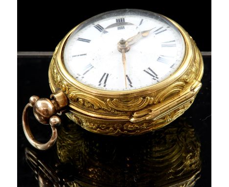 A gold pair cased pocket watch, the white enamel dial with Roman numeral hour markers, silver gilt hands, fitted with a verge