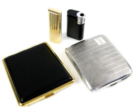 A silver cigarette case with engine turned decoration and silver gilt lining and another case, together with two Calibri ligh