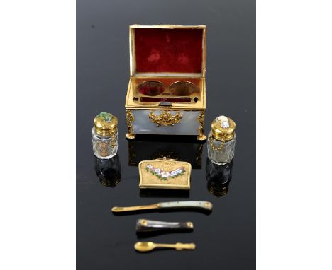 Fine 19th century vanity box in the form of mother of pearl chest, the gold mounts with chased decoration of C scrolls and hu