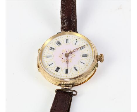 A ladies gold wristwatch, the unsigned enamel dial with Roman numeral hour markers, within a gilt highlighted minute track, g