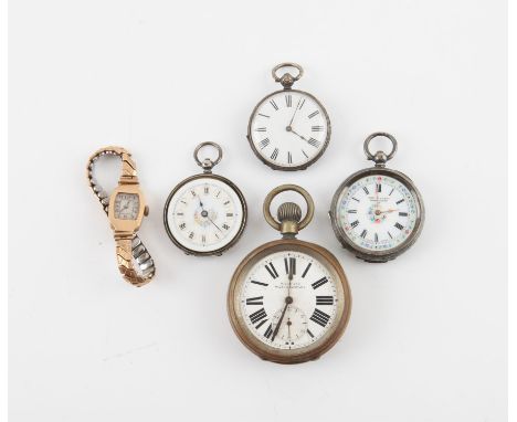 Watch and pocket watch, including a rectangular cased gold wristwatch, unsigned dal, with railway minute track, and Arabic nu