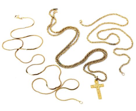 Cross and chain, floral engraved cross on a fancy link rope chain, length 61cm, another fancy link rope chain, length 40cm, a