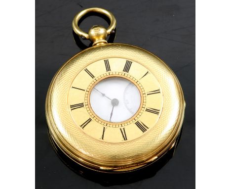 A gold half hunter pocket watch, the unsigned white enamel dial with Roman numeral hour markers, minute track, subsidiary sec