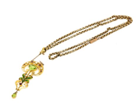 Art Nouveau peridot, seed pearl, ruby and enamel ornate pendant, in stamped 15 ct, on a belcher link necklace stamped 9 ct, p