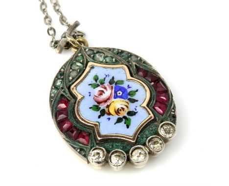 AMENDED DESCRIPTION  A locket pendant with enamelled flower design to the centre, rose cut diamonds around the bottom and top