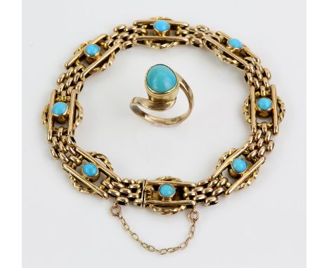 Victorian turquoise set bracelet, openwork rectangular links, each set with a round cut turquoise, measuring approximately 4.