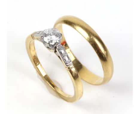 Single stone diamond ring and a gold band ring, round brilliant cut diamond, estimated weight 0.30 carat, mounted in stamped 