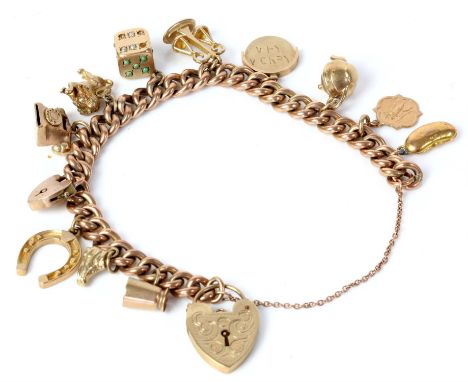 Charm bracelet, curb link bracelet with heart padlock clasp and safety chain, with twelve charms, all in 9 ct yellow goldCond