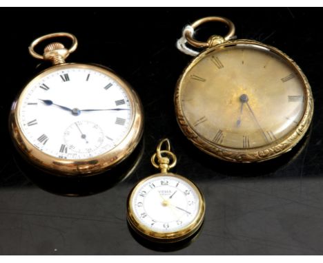 A gold open face pocket watch, the unsigned white enamel  dial with Roman numeral hour markers, subsidiary seconds dial fitte