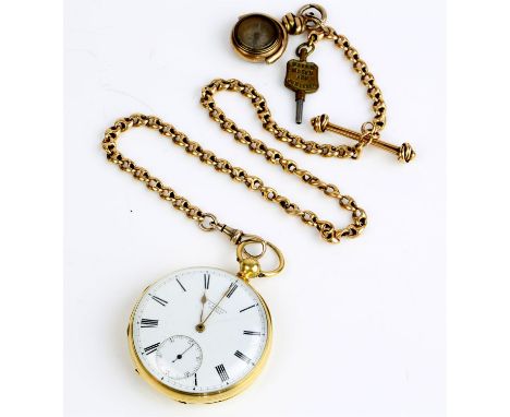 A gold open face pocket watch, the signed white enamel dial marked Brockbank and Atkins London, with Roman numeral hour marke
