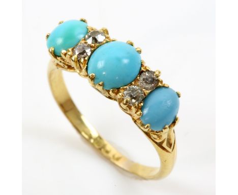 Victorian turquoise and diamond ring, three oval cabochon cut turquoise stones interspaced with four old cut diamonds, mounte