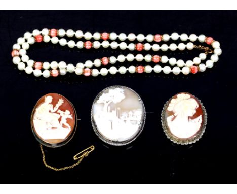 Pearl and coral necklace, single row of 6mm pearls interspersed with carved coral beads and gold spacers, strung with knots, 