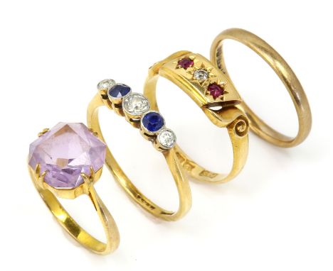 Four rings, including a five stone sapphire and diamond ring, size R, an Edwardian three stone ruby and diamond ring, size O,