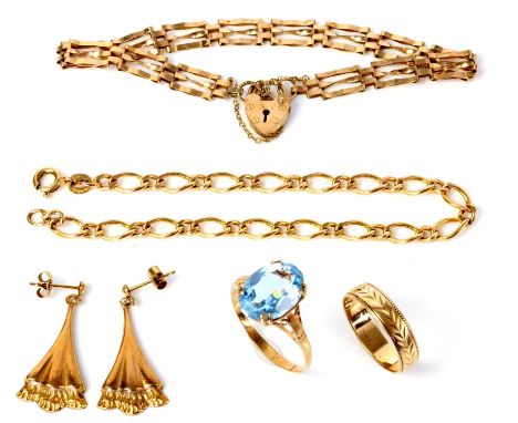 Selection of gold jewellery, including a gate bracelet with a heart clasp and safety chain, approximate length 18cm, a fancy 