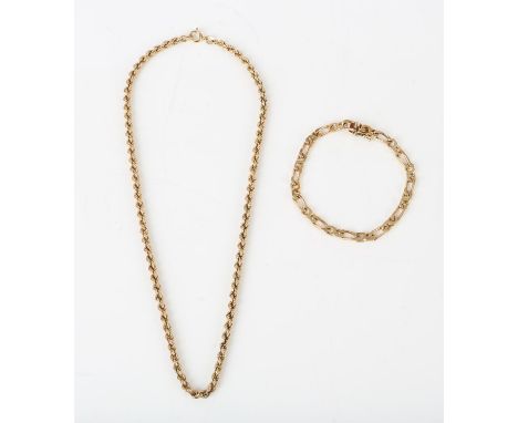 Gold necklace and bracelet, a rope chain necklace, length 41cm, and a fancy link bracelet, length 17.5cm, both in 9 ct yellow