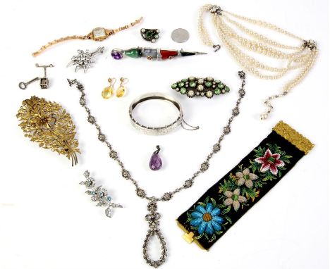 Collection of silver and costume jewellery, including a hinged bangle, a large brooch set with an amethyst, two citrines, ban