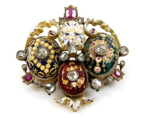 Diamond, ruby and enamel brooch, rose cut diamonds and three cushion cut rubies set within an openwork enamelled scroll desig