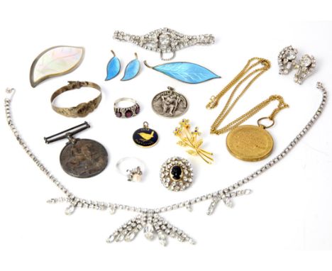 Selection of silver and costume jewellery, including a Norwegian blue enamelled leaf brooch with matching clip-on earrings, a