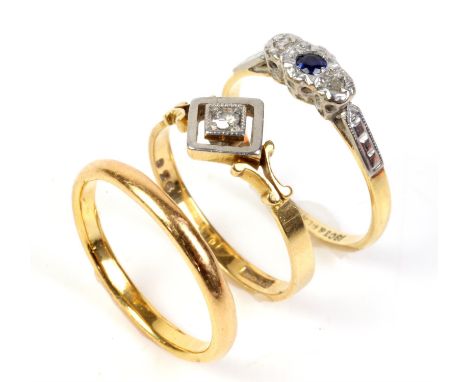 Three gold rings, including a single stone diamond ring, with a single cut diamond set in a square design, a sapphire and dia