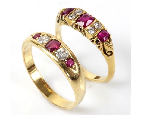 Two antique ruby and diamond rings, one with three rectangular cushion cut rubies set with four old cut diamonds in between, 