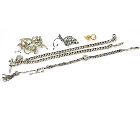 Selection of silver and costume jewellery, including an Albert chain with a heart and cross charm, length 43cm, a rope link f