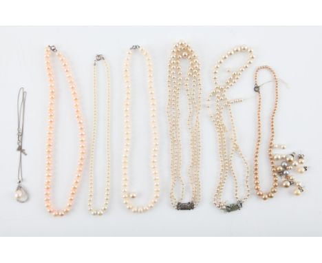 Collection of pearl jewellery, including two freshwater pearl necklaces, a pearl pendant drop within a pear shaped surround s