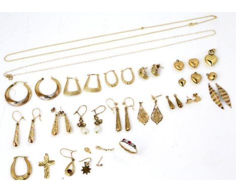 Selection of gold jewellery, with nine pairs of earrings, including a pair of seed pearl earrings with a pearl drop, three pa