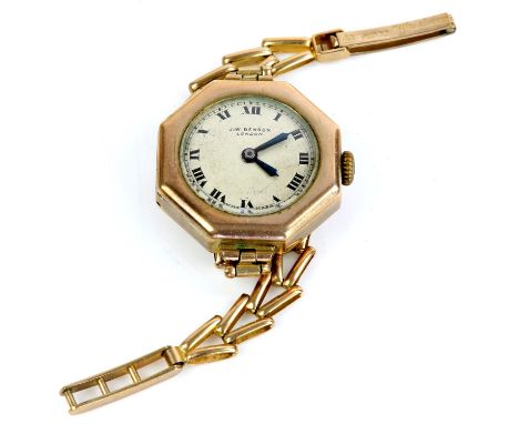 J W Benson, a ladies wristwatch, in 26mm octagonal case, the signed white enamel dial with Roman numerals hour markers within