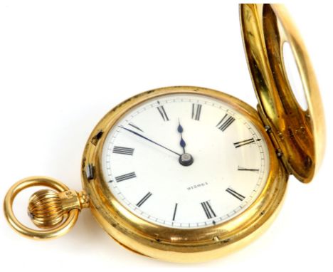 A ladies gold full hunter pocket watch, the white enamel dial with Roman numeral hour markers and railway minute track, fitte