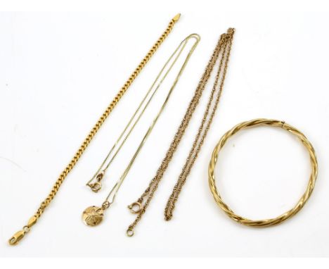 Collection of gold jewellery, including a flat curb link bracelet, in stamped 18 ct yellow gold, length 18cm, a star fish des