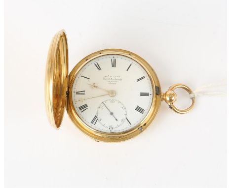 A gold hunter pocket watch, the white enamel dial signed James McCabe Royal Exchange London, with Roman numeral hour markers 