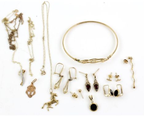 Collection of gold jewellery, including a bangle, a pair of garnet earrings, a diamond set pendant on a fine chain, a horse p