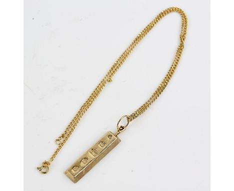 9 ct bullion bar pendant, measuring 45 x 10mm including bail, on a 9 ct curb link chain, length 50cmCondition Report:  Gross 