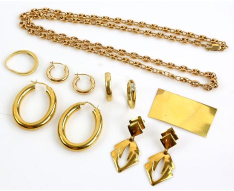 Collection of gold jewellery, including a wedding band, and a ring set with two round brilliant cut diamonds, both in 18 ct y