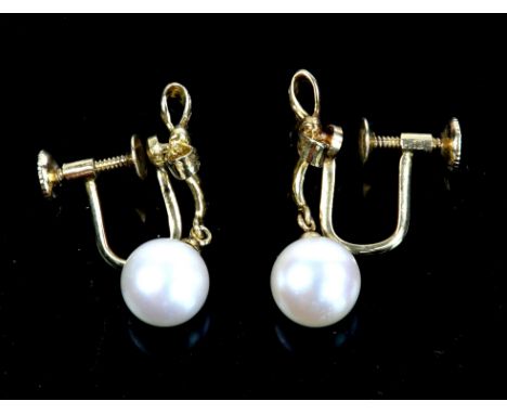 Pair of Mikimoto pearl drop earrings, each earring with an 8mm pearl suspended from a bow design, in stamped 14 ct yellow gol