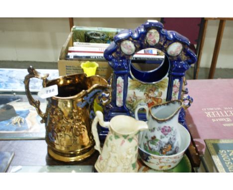 A Large Copper Lustre Decorated Milk Jug, And Edwardian Pottery Mantle Clock Case And Further Pottery