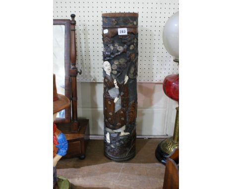 A Carved Oriental Bamboo Stick Stand Decorated With Figures And Blossom