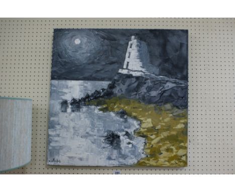 Wyn Hughes, Oil On Canvas, Moonlit Study Of Llandwyn Light House, Signed, 24" X 24"